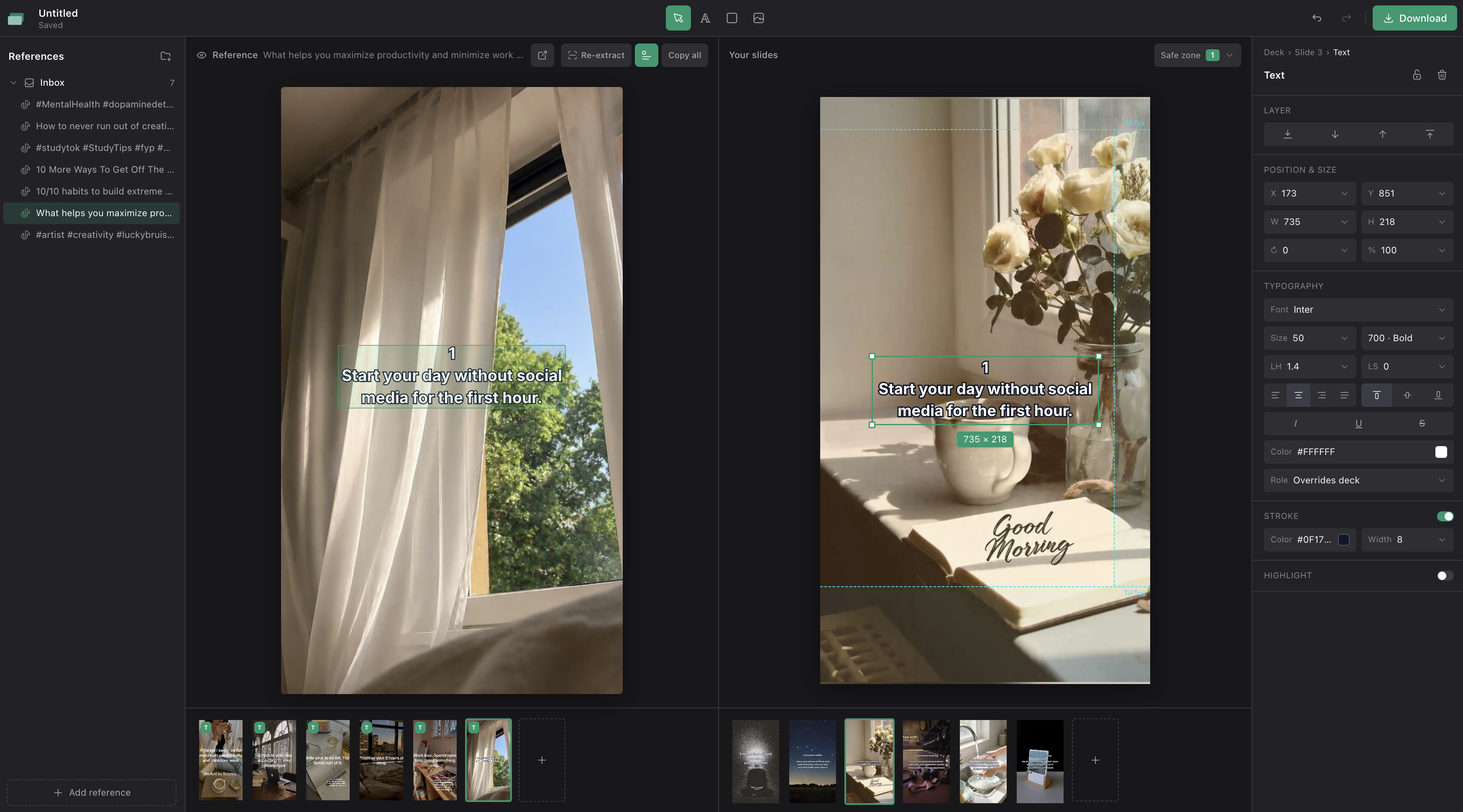The Slidemaker editor: a saved TikTok reference on the left, your slide on the right, with the text and design panel open.